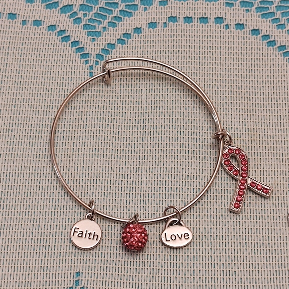 2 Breast Cancer Awareness Pink Ribbon Silver Tone Bracelet Set Strength HopePr - Picture 2 of 6